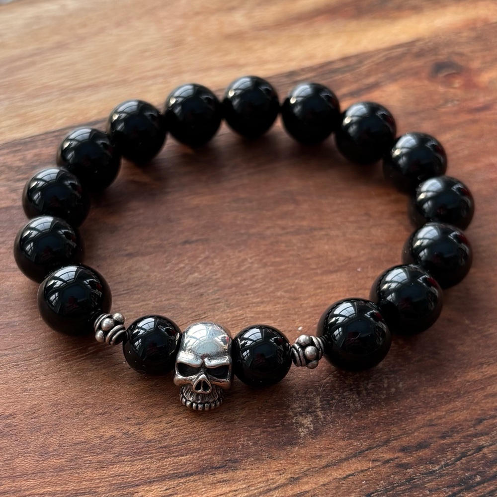 12mm Black Onyx Beaded Bracelet with Sterling Silver Skull Bead